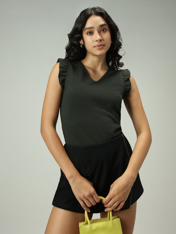 Olive V Neck Ruffled Short Sleeves Top