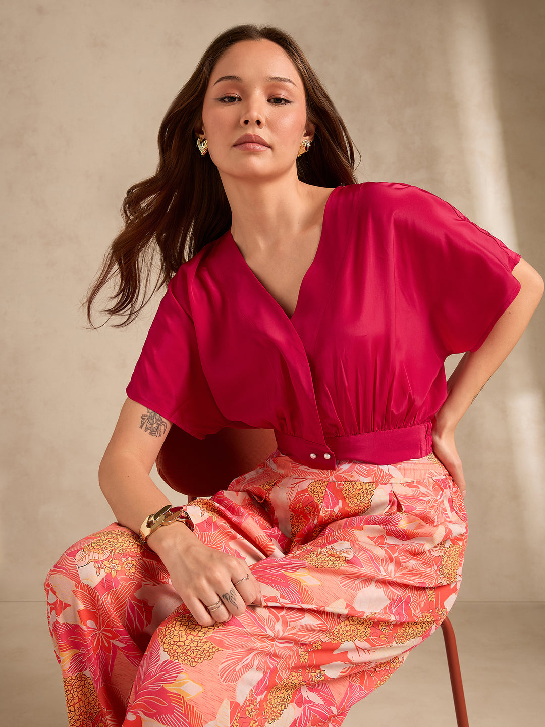Pink Printed Solid Top With High Rise Wide Leg Trouser Co-Ord Set