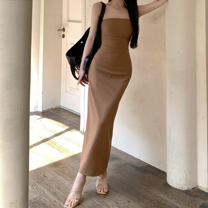 Brown Solid Tube Maxi Dress