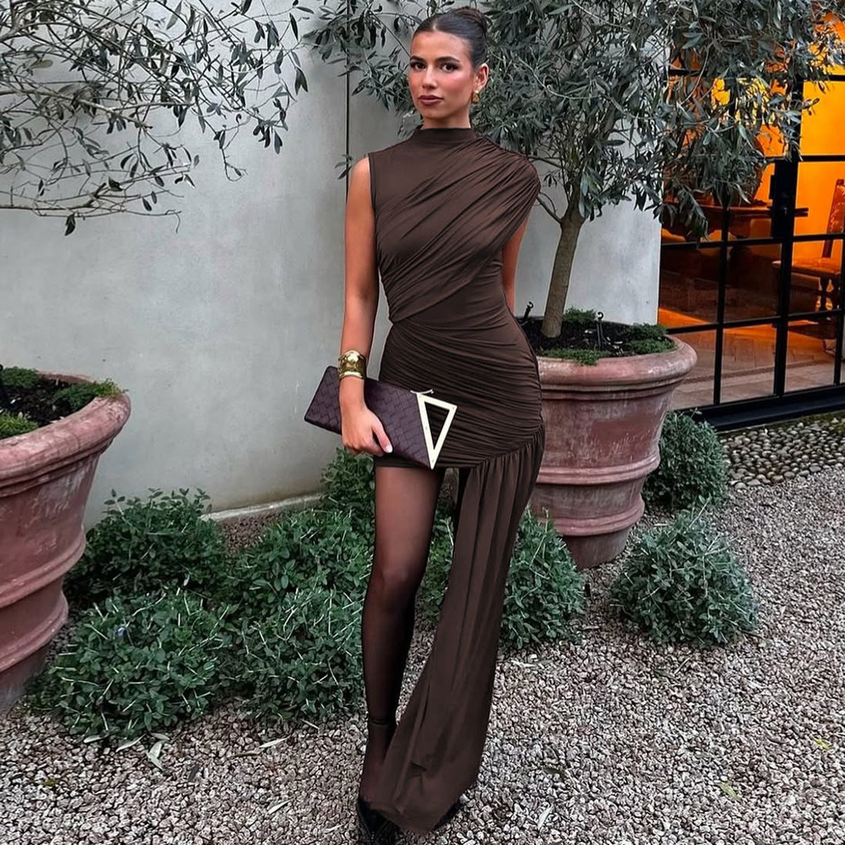 Brown High Neck Bodycon Mini Dress