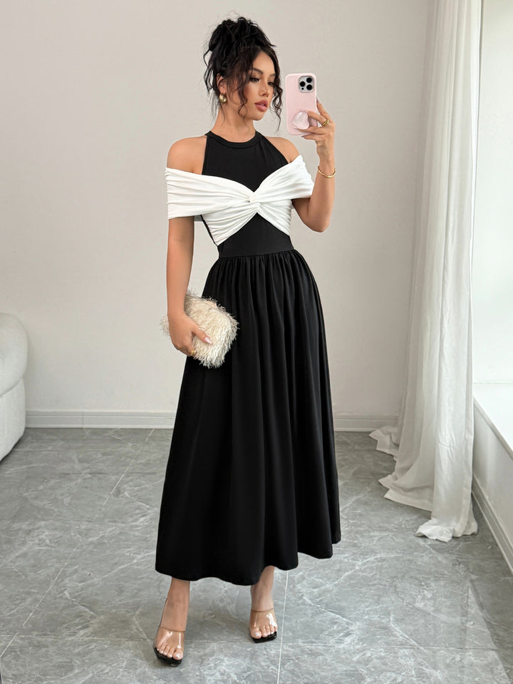 Black Twisted Contrast Off Shoulder Dress