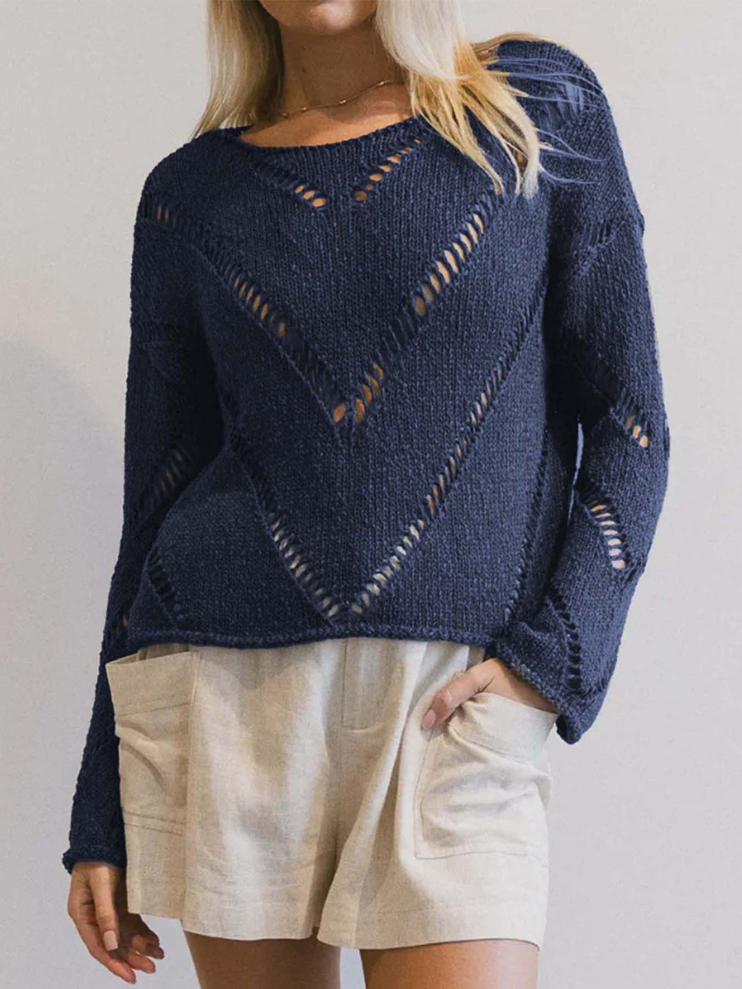 Navy Blue Full Sleeves Textureed Sweaters