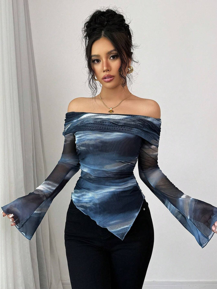 Blue Bell Sleeve Off Shoulder Asymmetrical Top