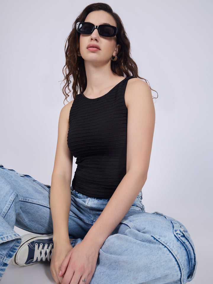 Black Textured Knit Halter Neck Tank Top