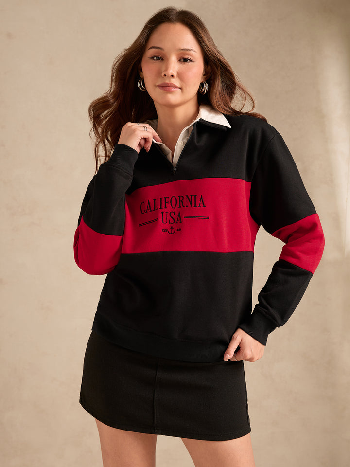 Black Varsity V Neck Graphic Sweatshirt