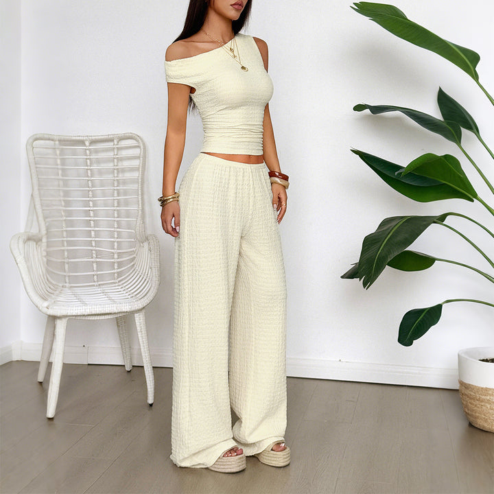 Beige Textured Top And Pants Co-Ord Set