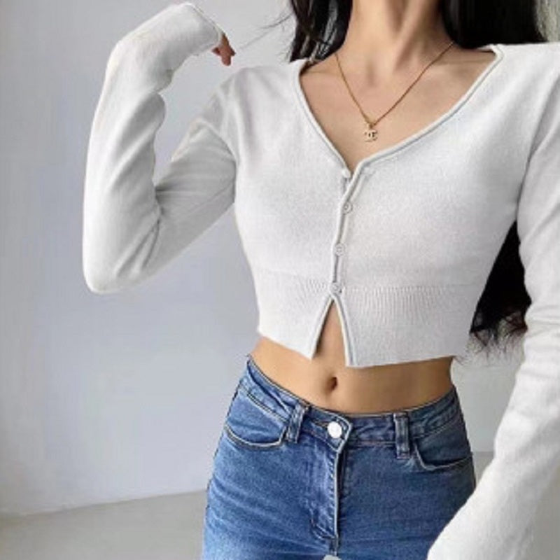 White Plunge Neck Flat Knit Top
