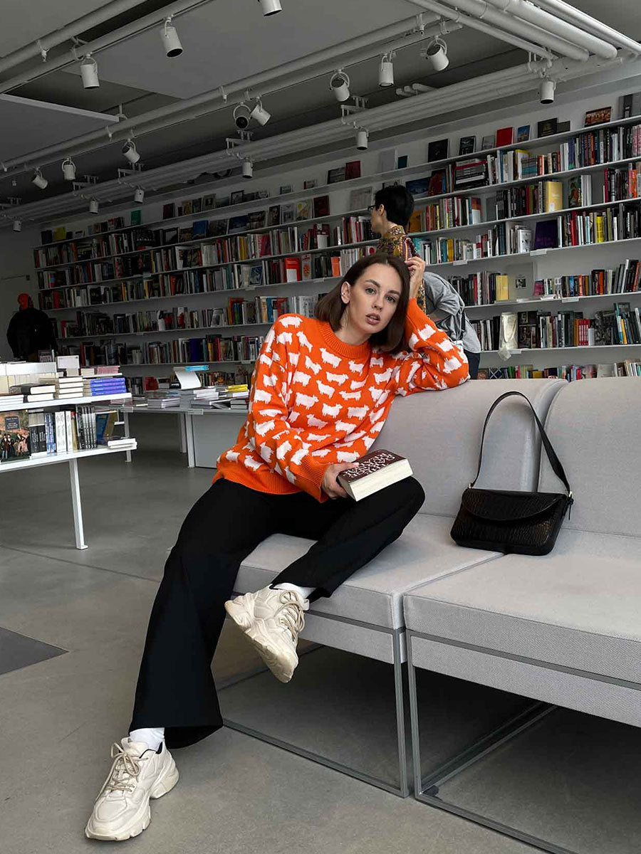 Red Printed Relaxed Sweater