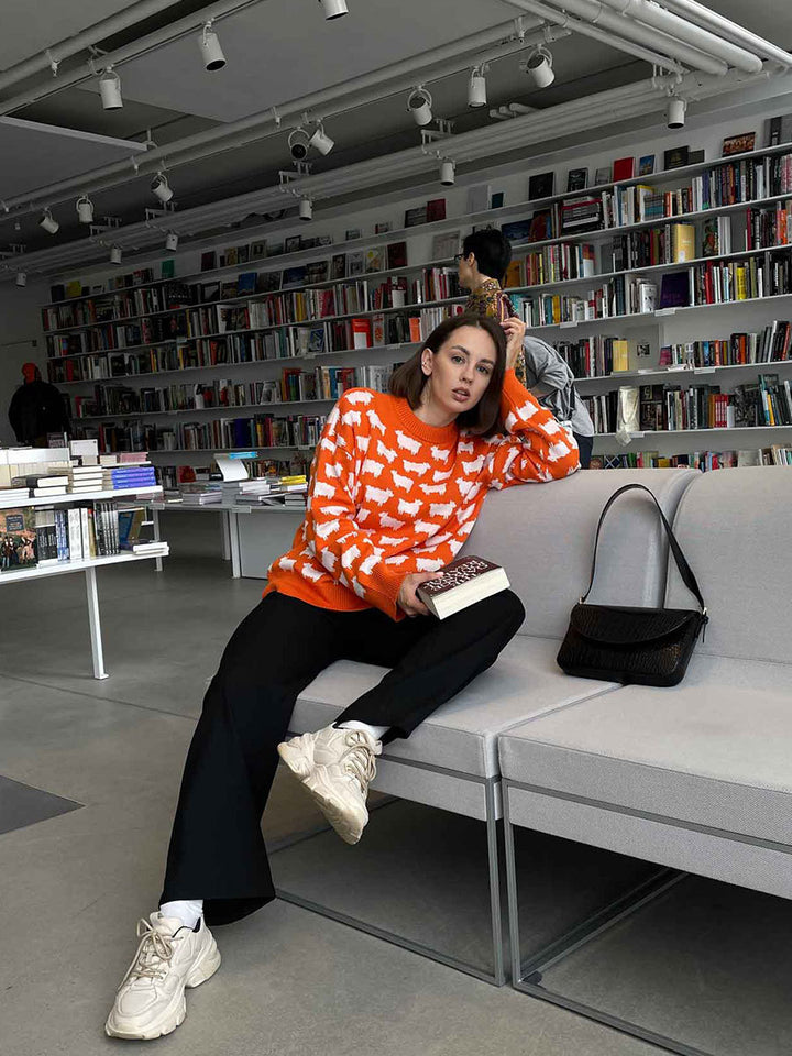 Red Printed Relaxed Sweater