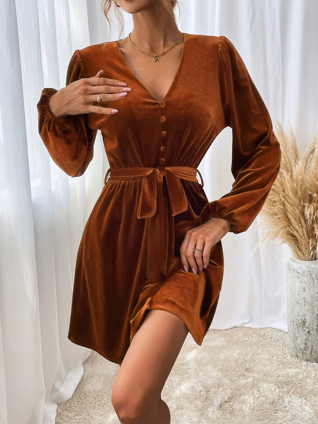 Orange Bishop Sleeve Front Tie-Up Dress