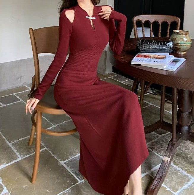 Red Fit And Flare Dress With Cut Out Shoulder