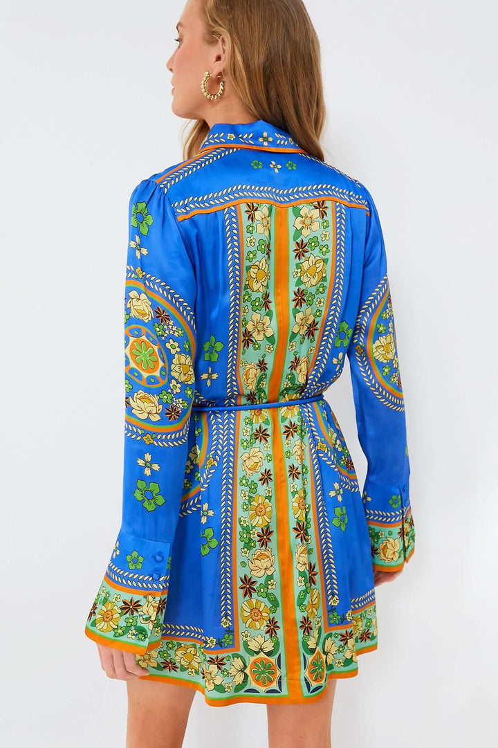 Blue Floral Printed Front Buttoned Shirt Dress