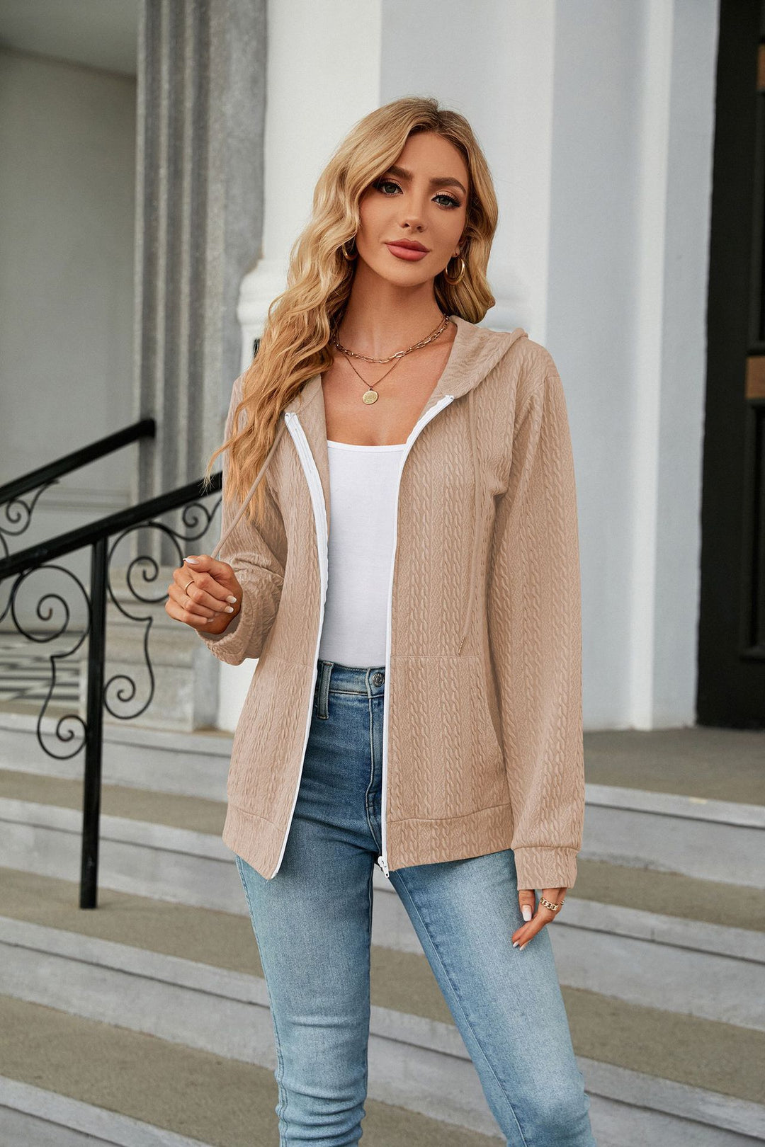 Beige Full Sleeves Front Zip Hooded Jackets
