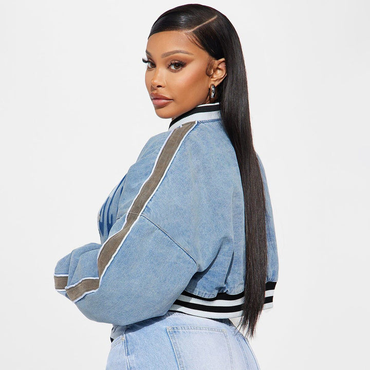 Blue Printed Button Crop Jacket
