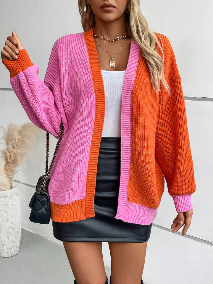 Orange Full Sleeves Colour Block Cardigan
