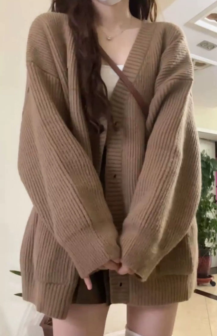 Brown Full Sleeve Double Pockets Slouchy Cardigans