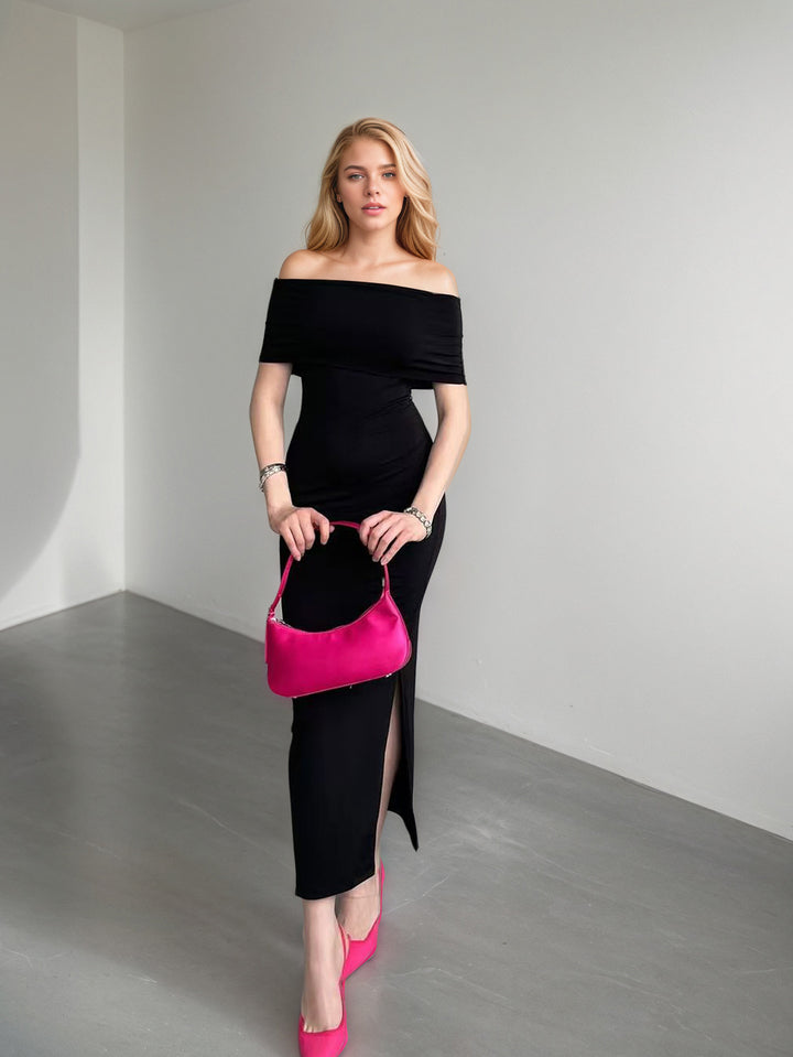 Black Off Shoulder Slit Dress