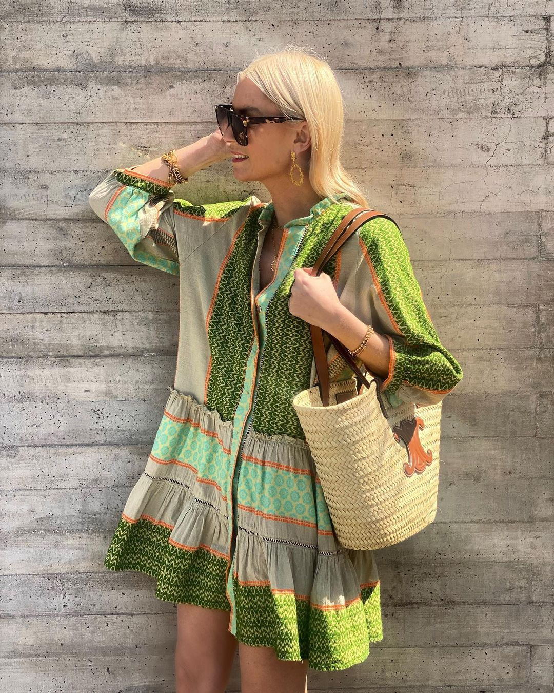 Green Abstract Print Front Buttoned Dress