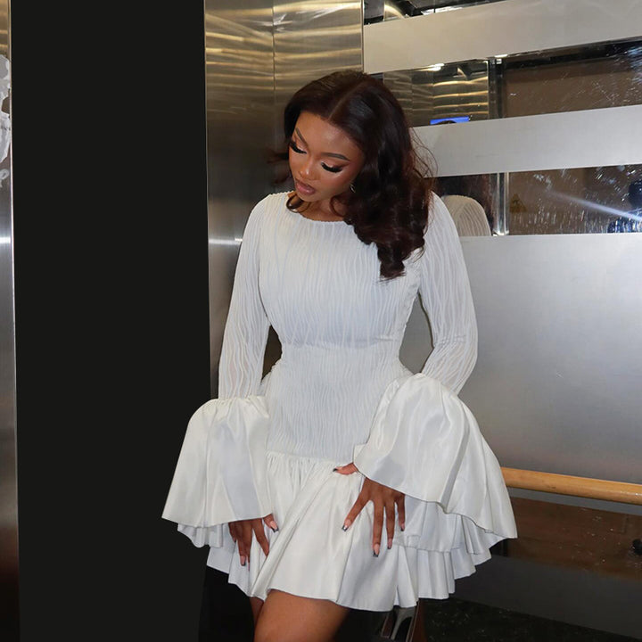 White Ruffled Flare Mini Dress