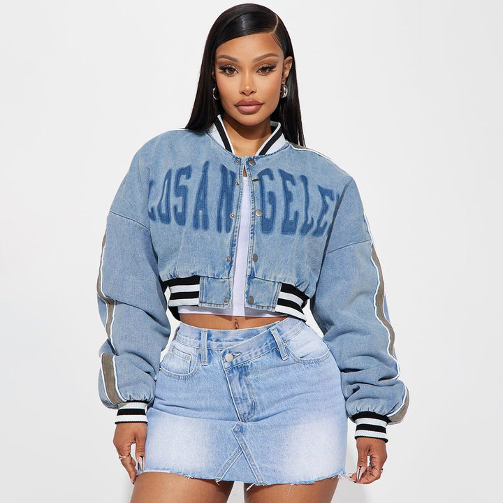 Blue Printed Button Crop Jacket
