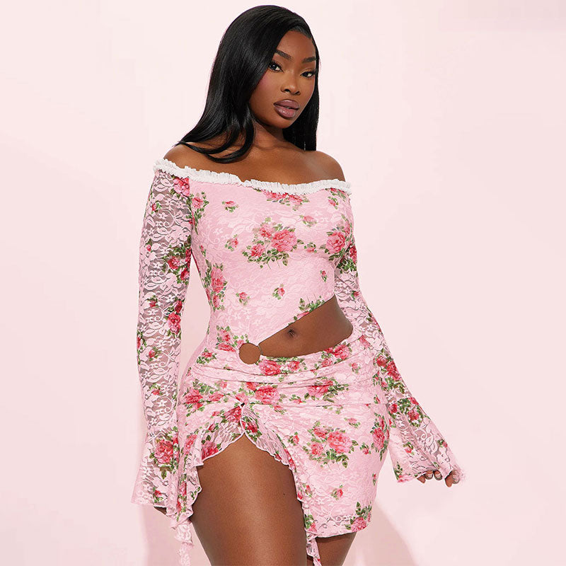 Pink Floral Print Off Shoulder Top Fitted Shorts Coord Set
