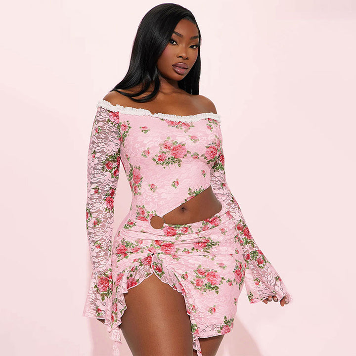 Pink Floral Print Off Shoulder Top Fitted Shorts Coord Set