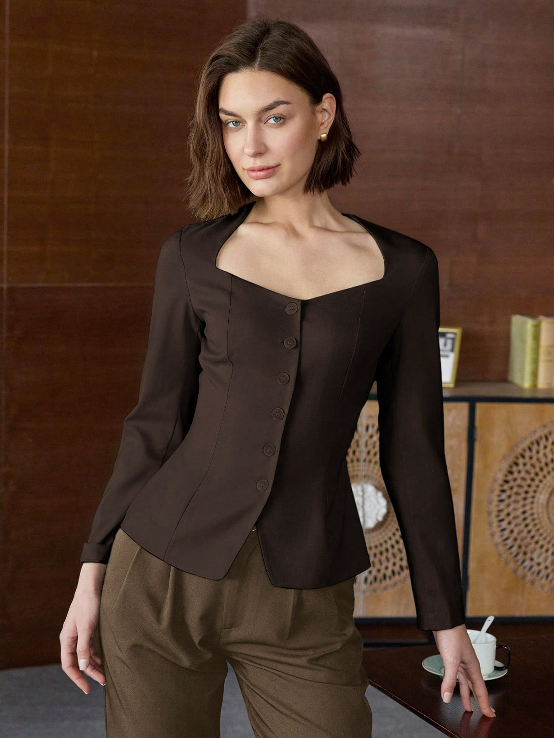 Brown Long Sleeve Front Button Top