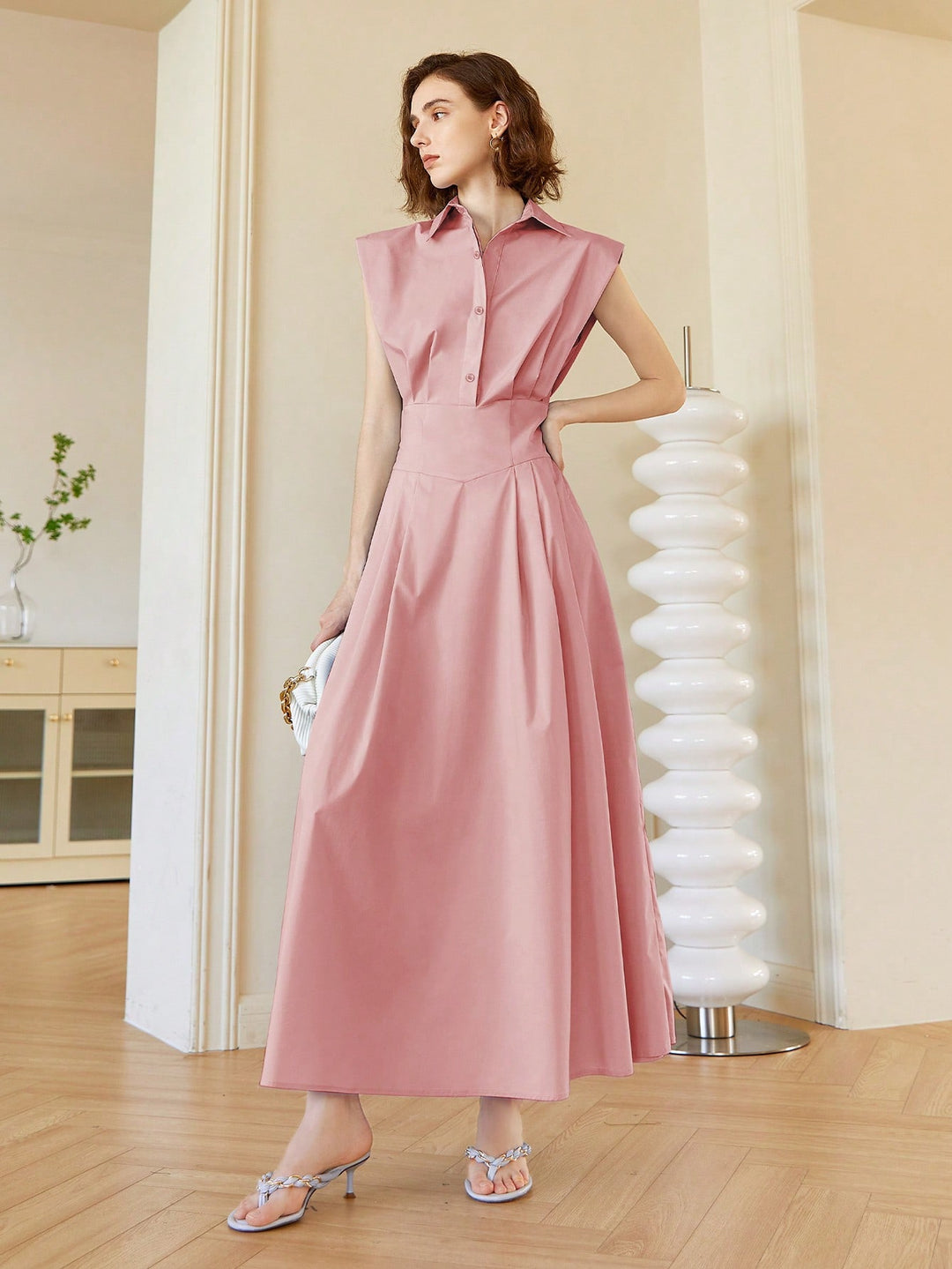 Pink Front Button Shirt Style Sleeveless Dress