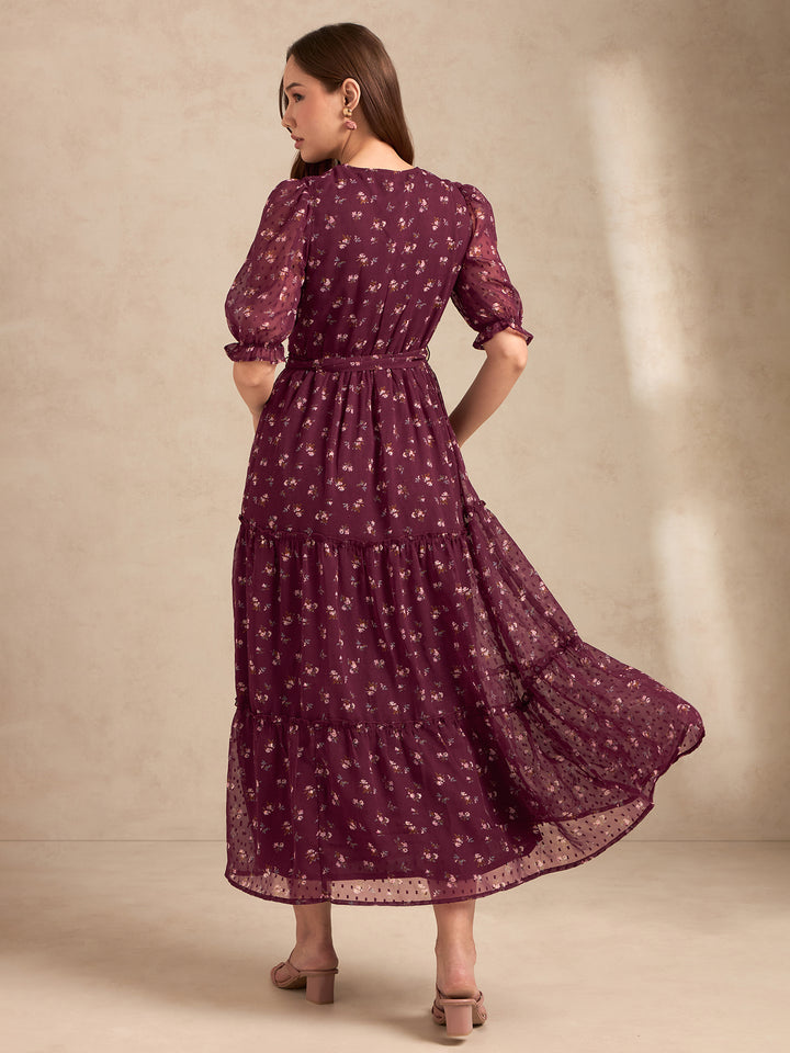 Maroon Printed Maxi Wrap Tiered Dress