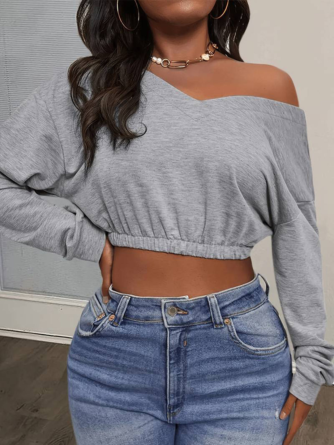 Grey Drop Shoulder Crop Sweatshirt