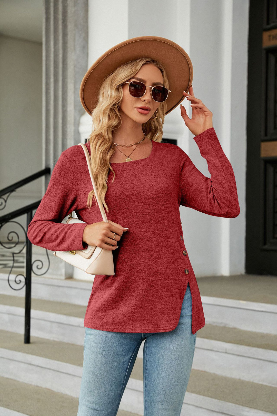 Red Full Sleeve Side Slit Top