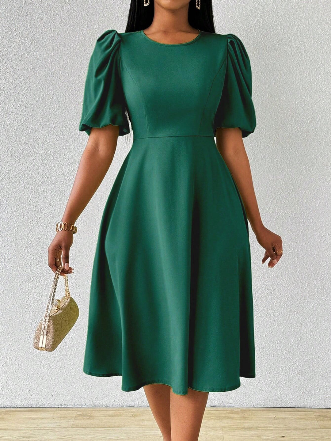 Green Puff Sleeves Fit And Flare Dress