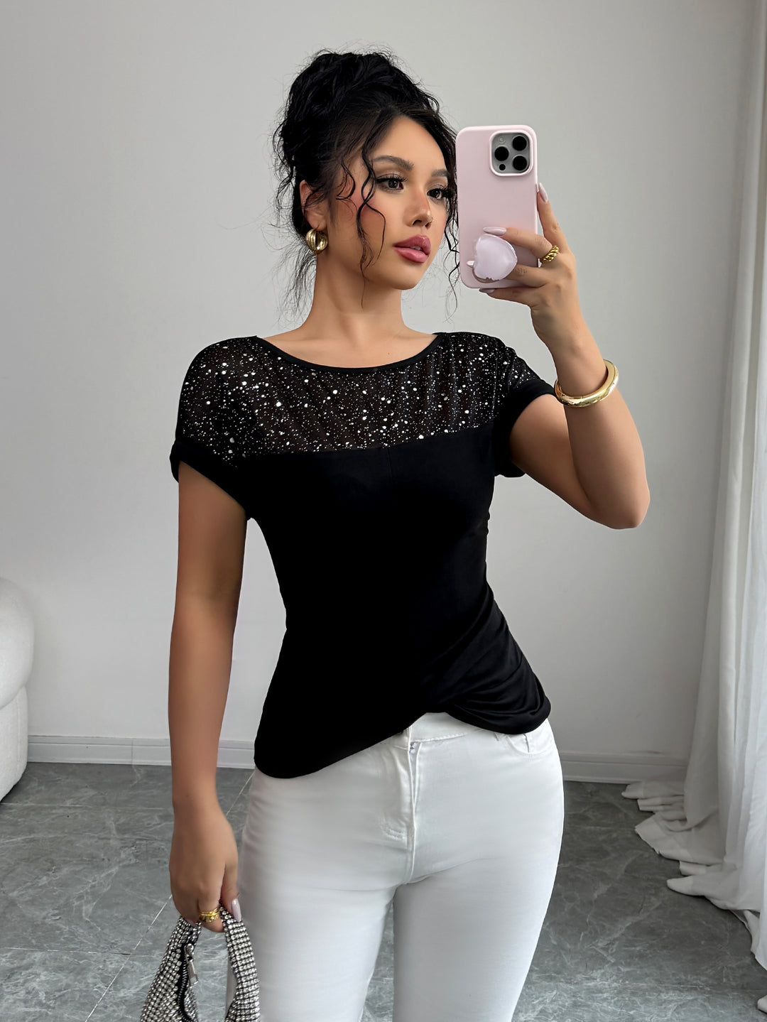 Black Sheer Neck And Sleeves Fitted Top