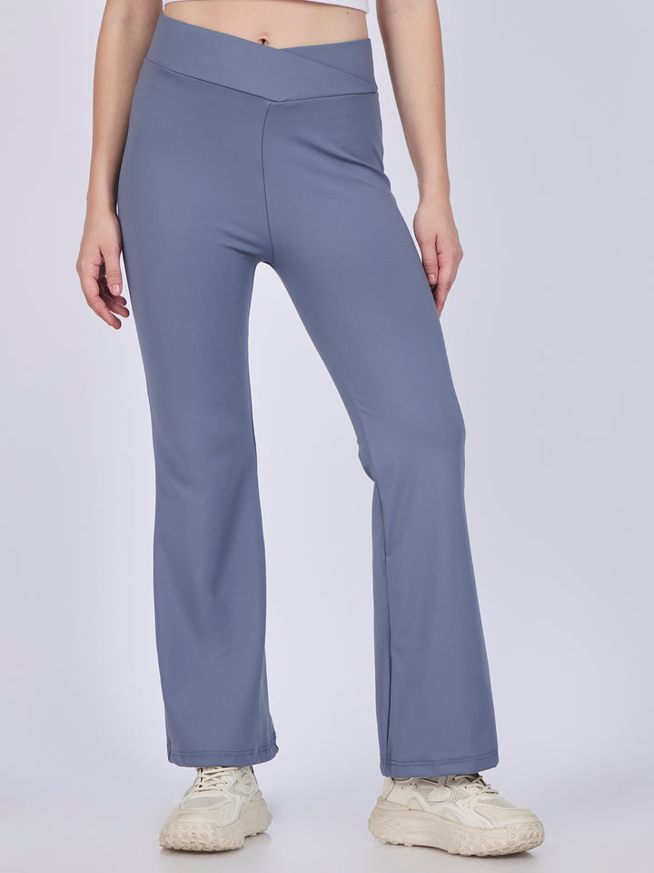 Grey Criss Cross Waist Band Flared Leggigns