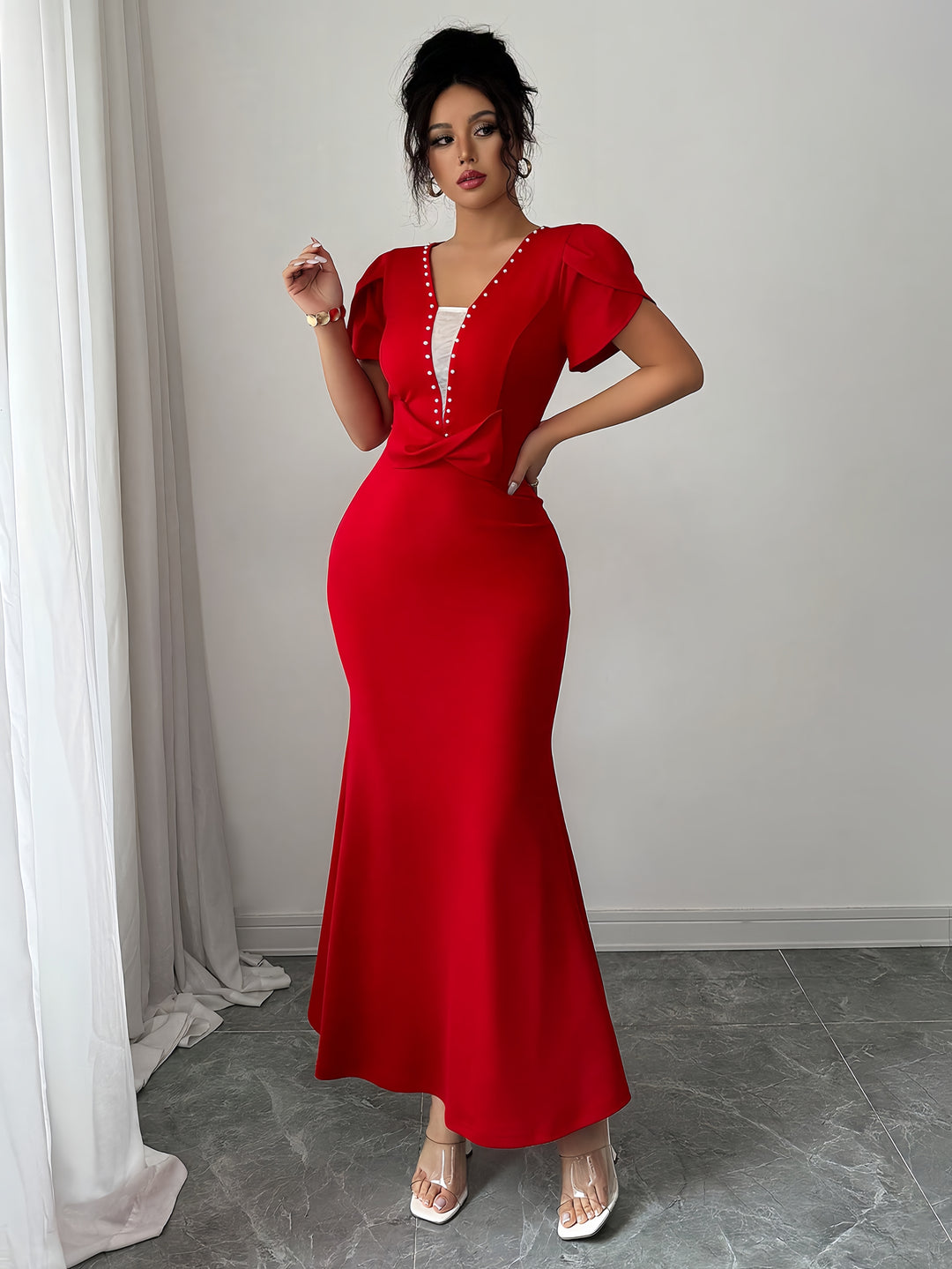 Red Petal Sleeve V-Neck Dress