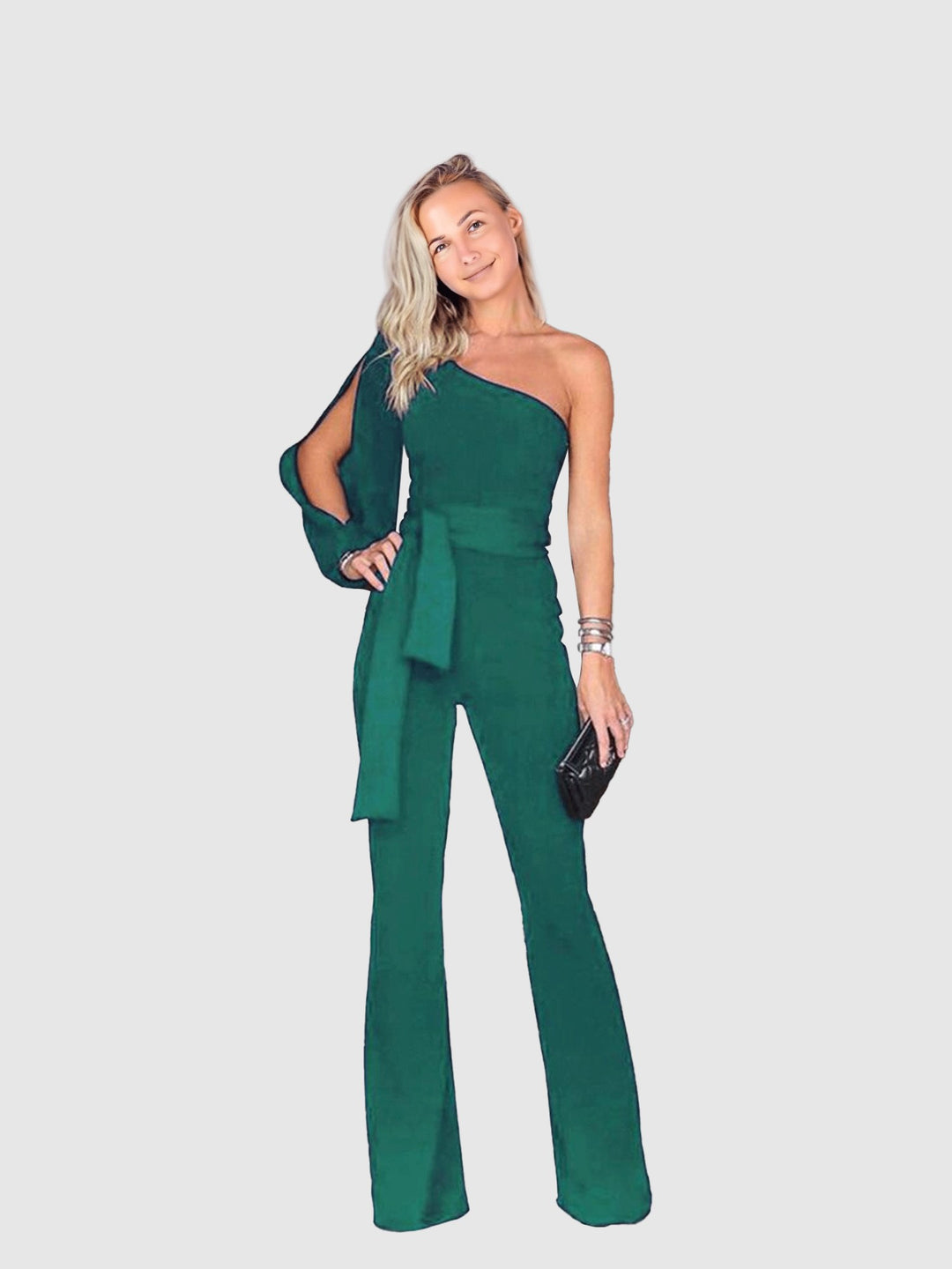 Green Solid One Shoulder Jumpsuit