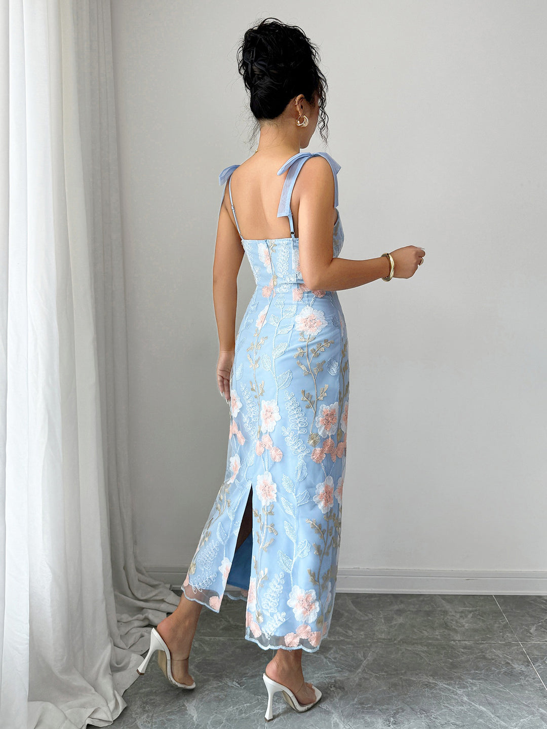 Blue Shoulder Tie Up Embroidered Dress