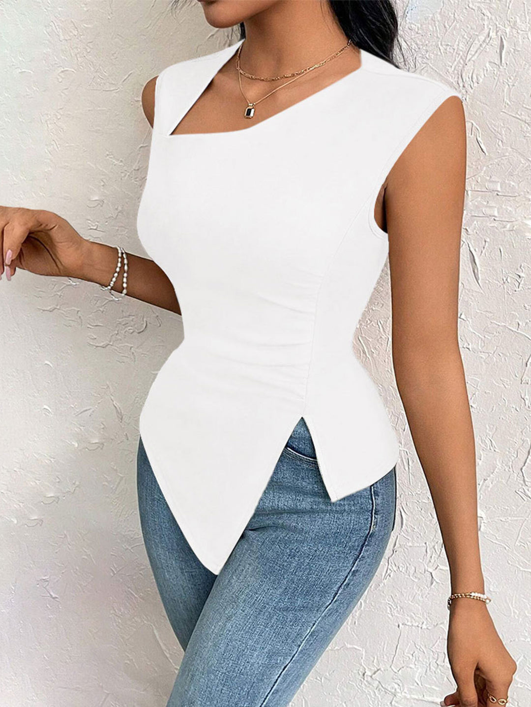 Off White Sleeveless Asymmetrical Hem Top