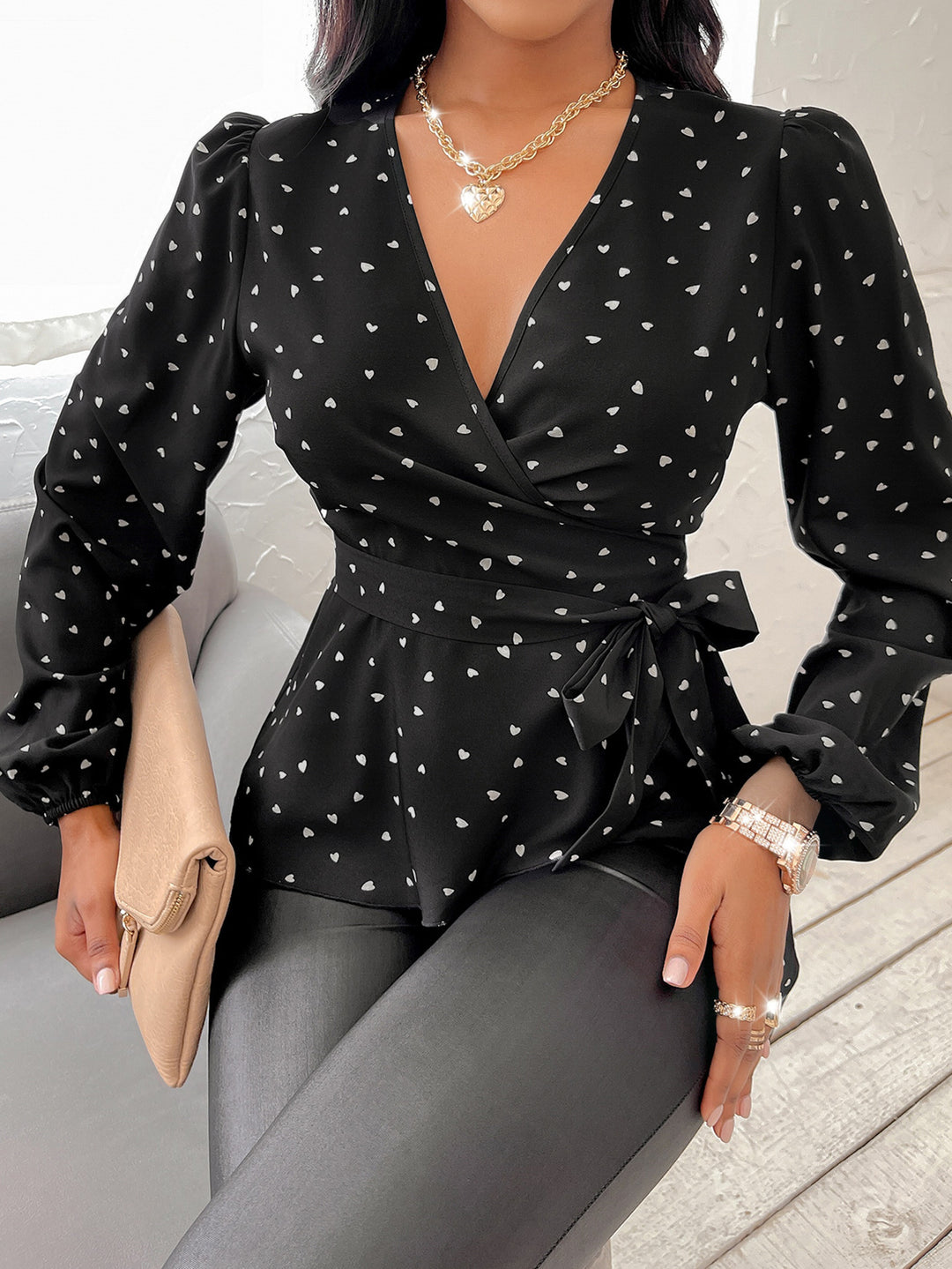 Black Puff Sleeve V Neck Belted Top