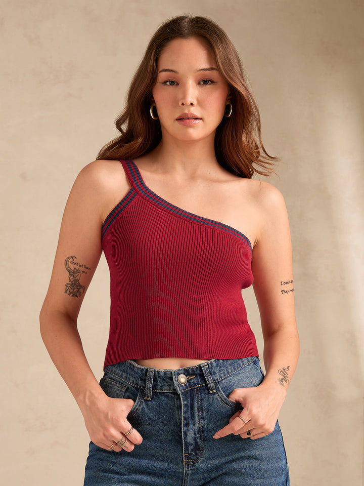 Red One Shoulder Flat Knit Tank