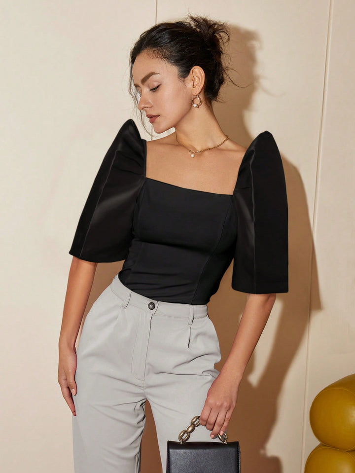 Black Puff Sleeve Square Neck Top