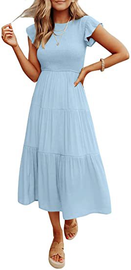 Light Blue Solid Flutter Sleeved And Tiered Dress