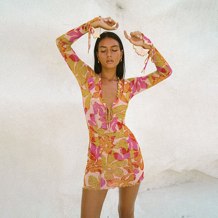 Orange Printed Plunge Neck Mini Dress