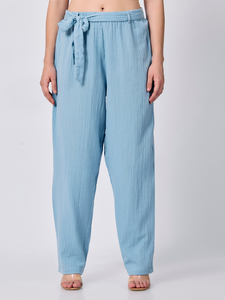 Blue Printed Straight Fit Trouser