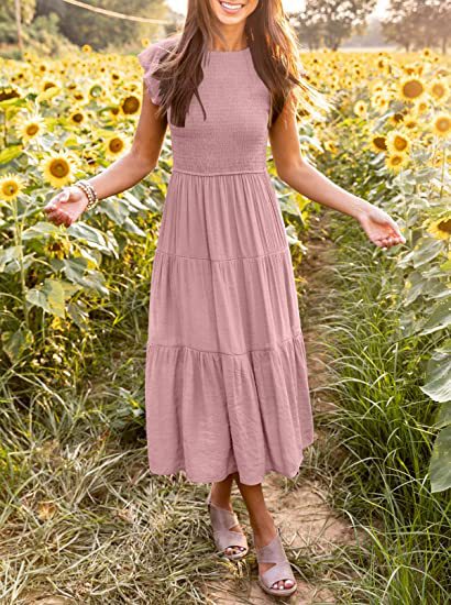 Pink Solid Flutter Sleeved And Tiered Dress