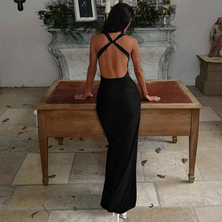 Black Cowl Neck Ruched A-Line Maxi Dress