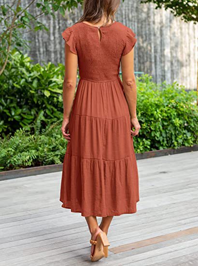 Rust Solid Flutter Sleeved And Tiered Dress