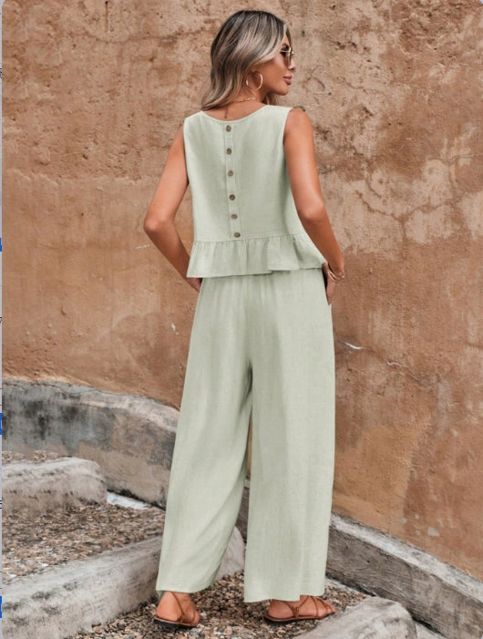 Grey Sleeveless Top With Wide Leg Trousers
