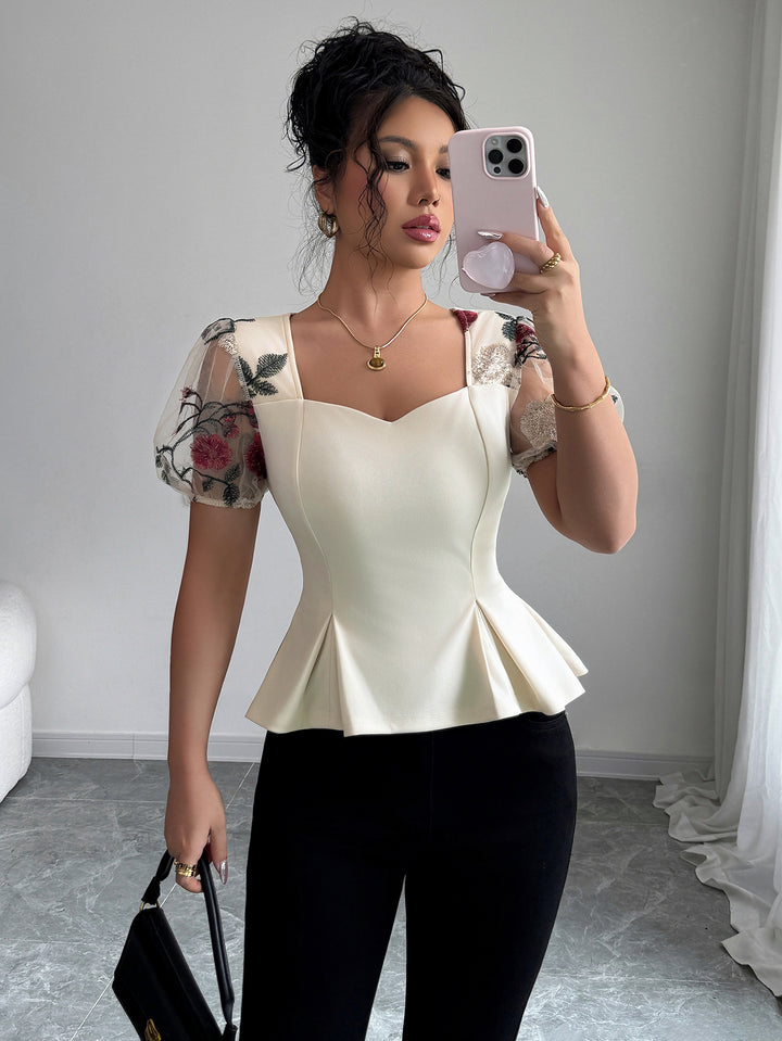 Off White Lace Sleeve Waist Detail Top