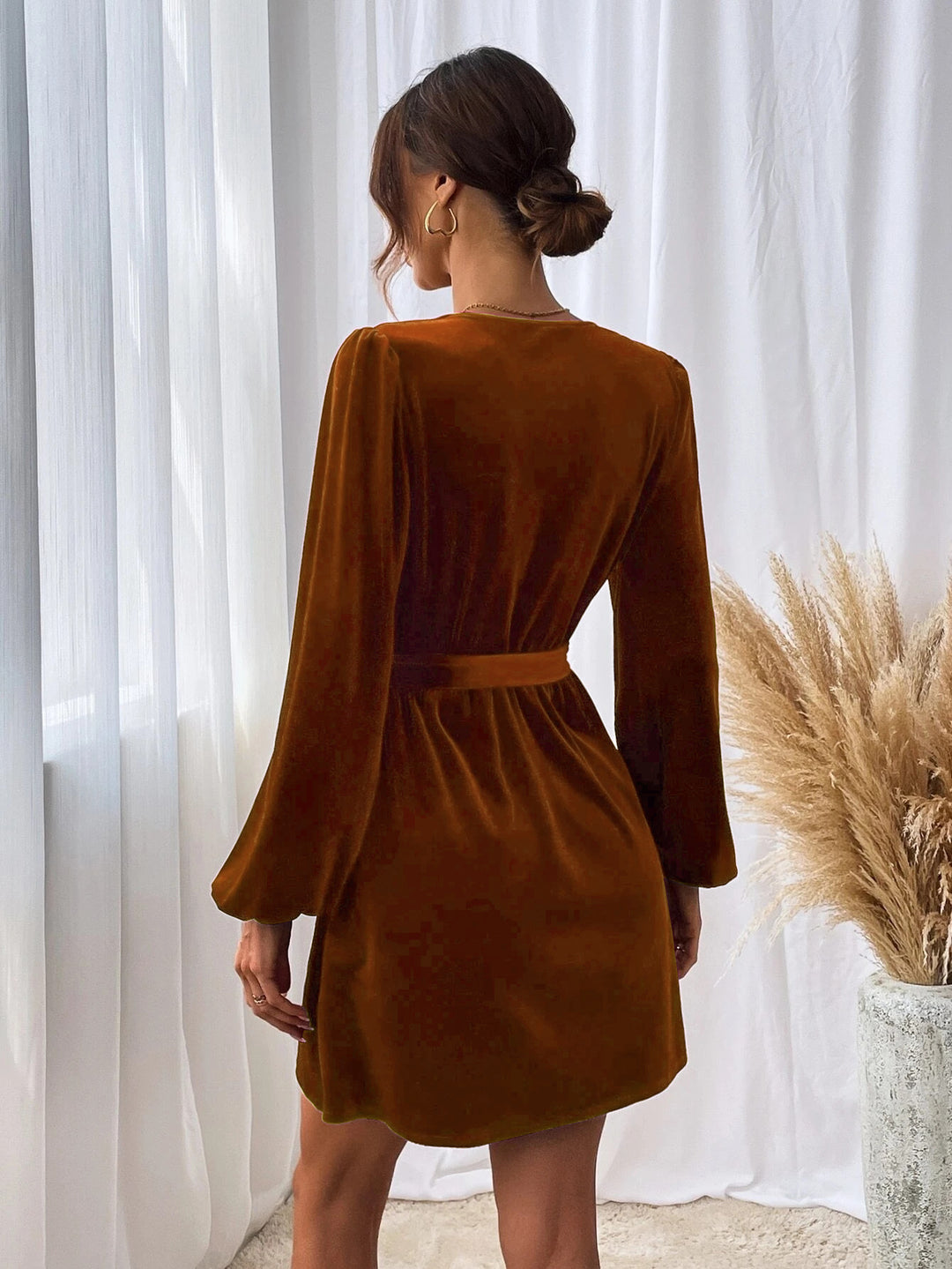 Orange Bishop Sleeve Front Tie-Up Dress